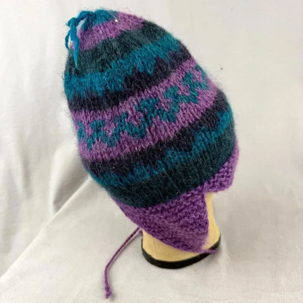 Vtg Mingma Enterprises Nepalese Hat Womens Purple Teal Beanie Boho Wool Earflaps